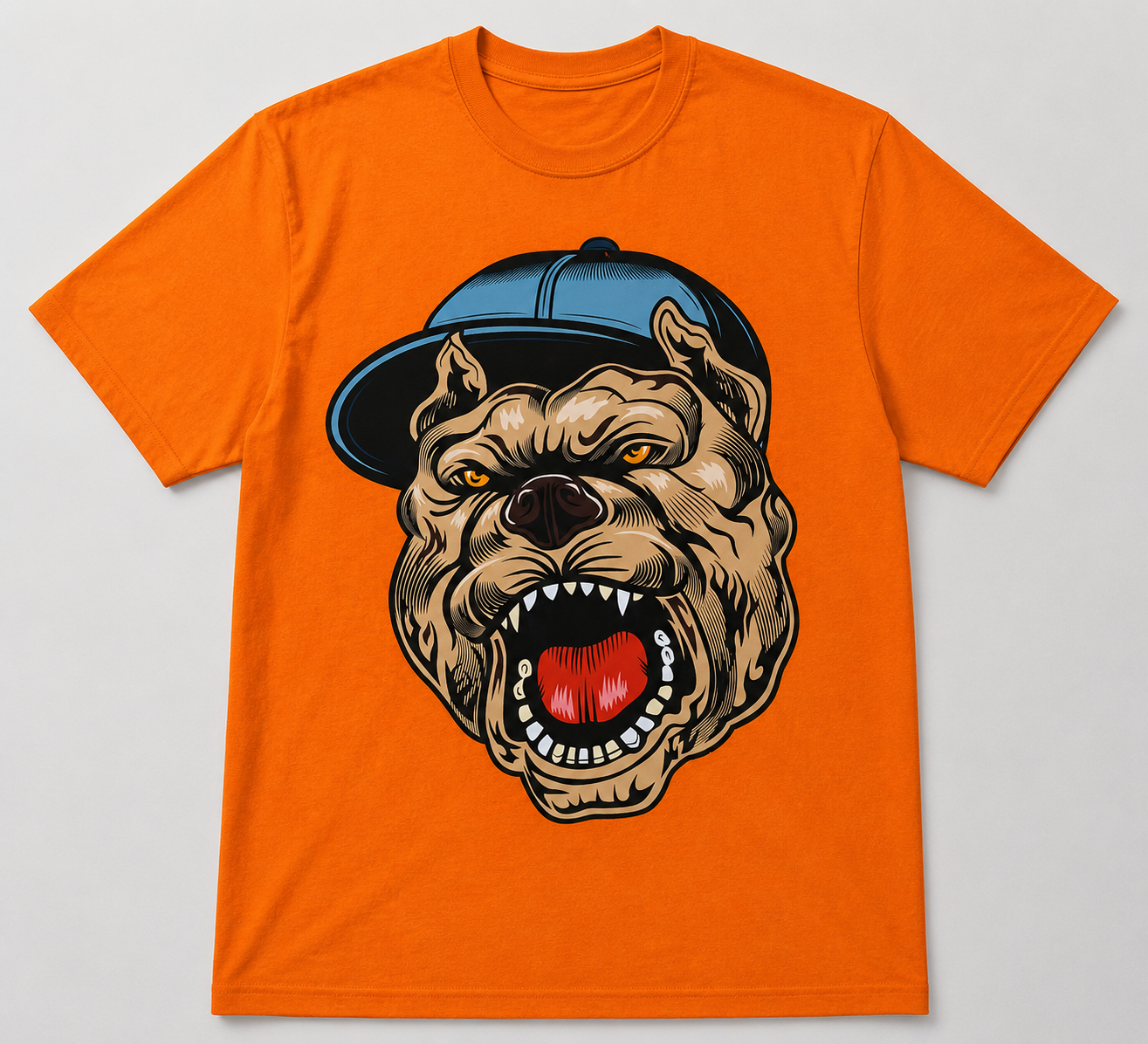 Orange graphic tee with fierce pitbull wearing a fitted cap streetwear design
