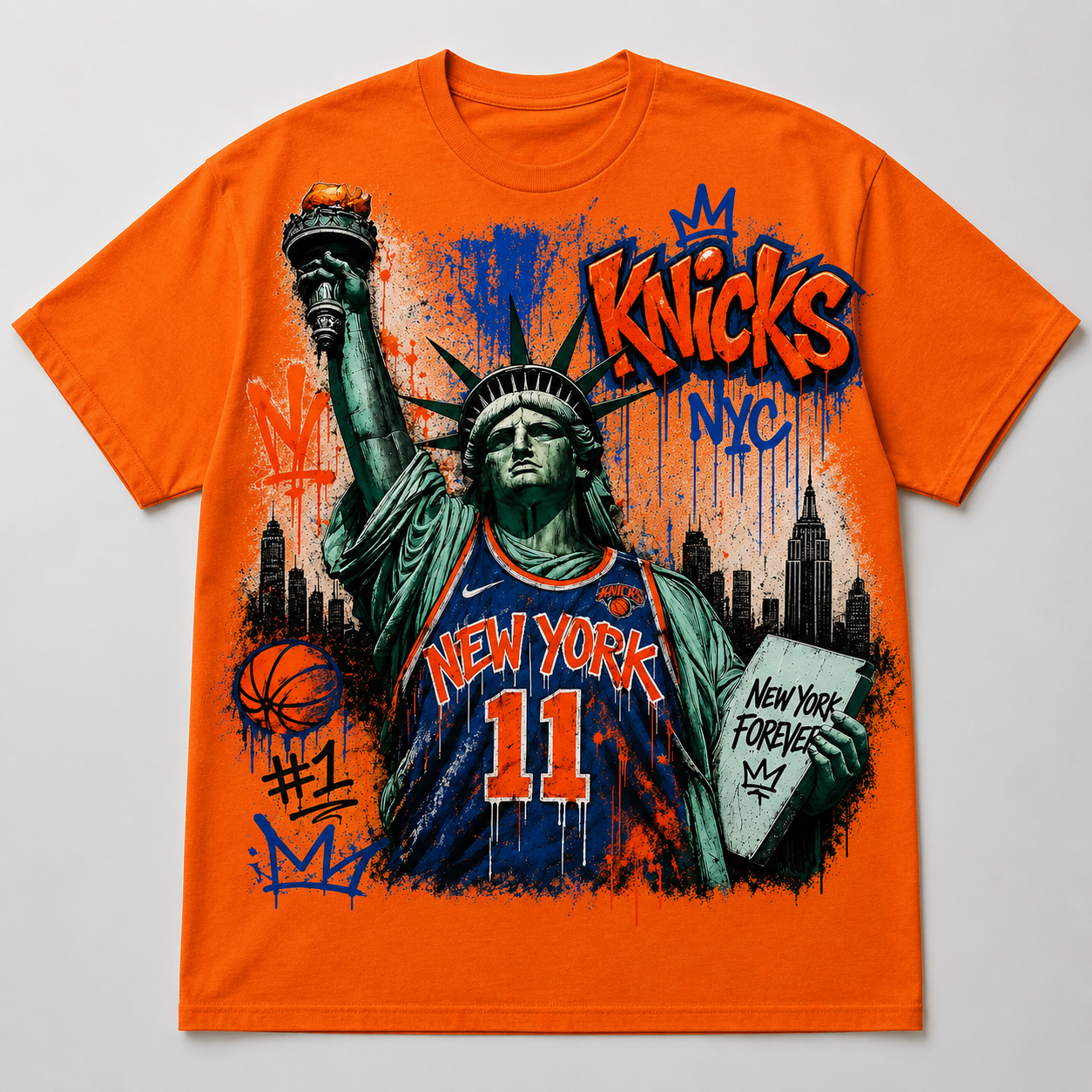Orange graphic tee with graffiti-style Statue of Liberty in Knicks jersey